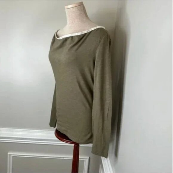Billy Reid Boatneck Olive with White Piping Long Sleeve Shirt Size Medium - Picture 4 of 5